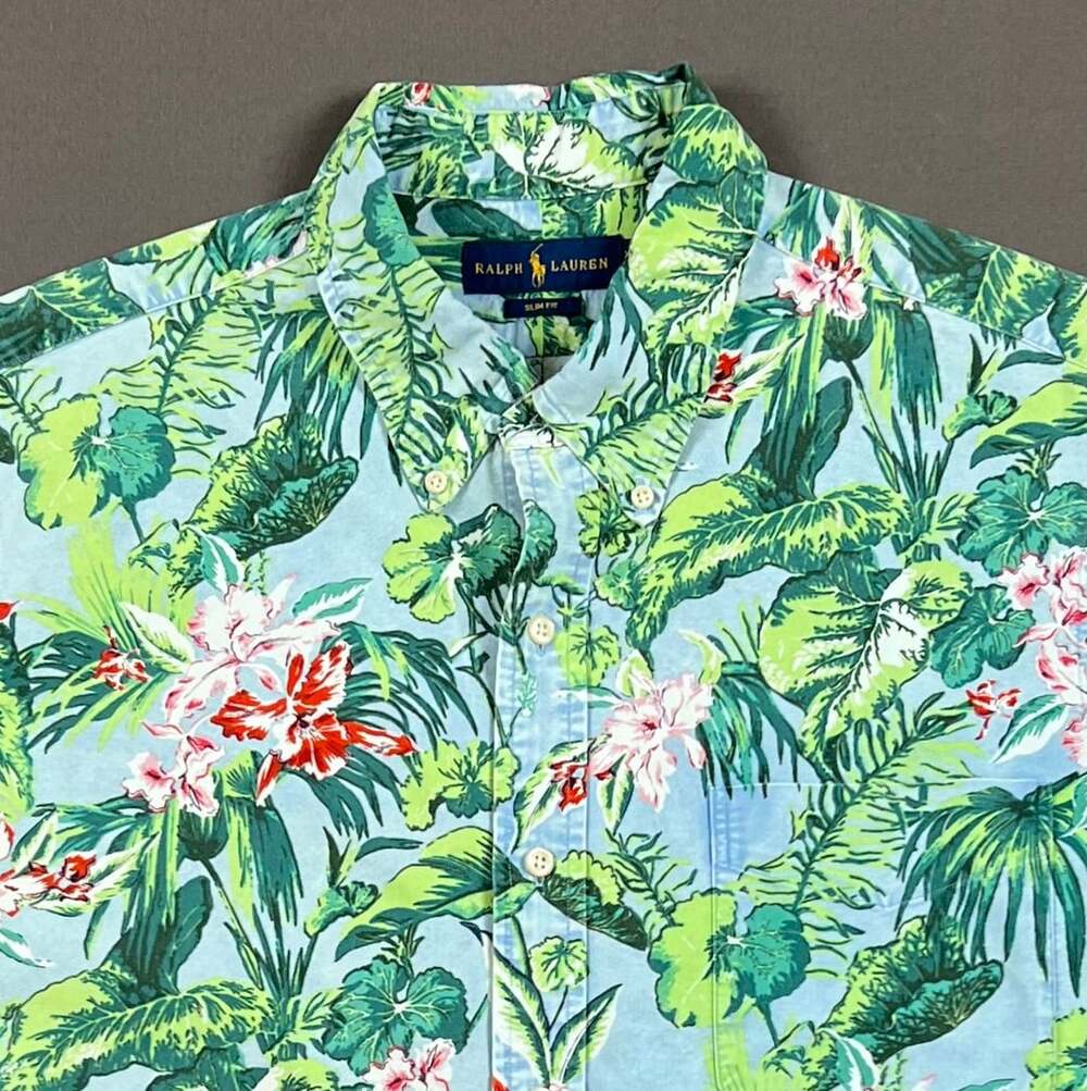 Ralph Lauren Hawaiian Shirt Mens Large Slim Fit Green Floral Aloha Short Sleeve